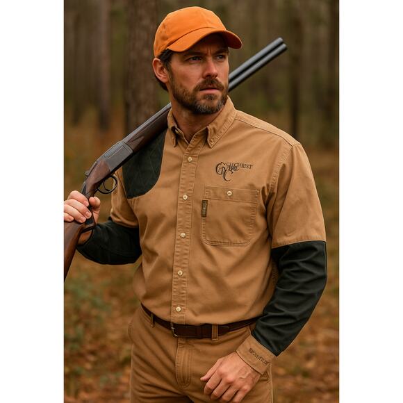 Columbia Gilchrist Club Hunting Shirt XL Tan Black Cotton Quilted Shoulder Patch - Picture 2 of 12